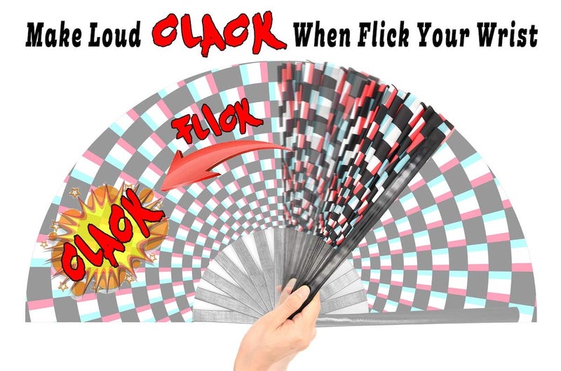 OMyTea Large Rave Clack Folding Hand Fan for Men/Women - Chinese Japanese Bamboo Handheld Fan - for EDM, Music Festival, Club, Event, Party, Dance, Performance, Decoration, Gift (Illusion Checkered) - Image 5